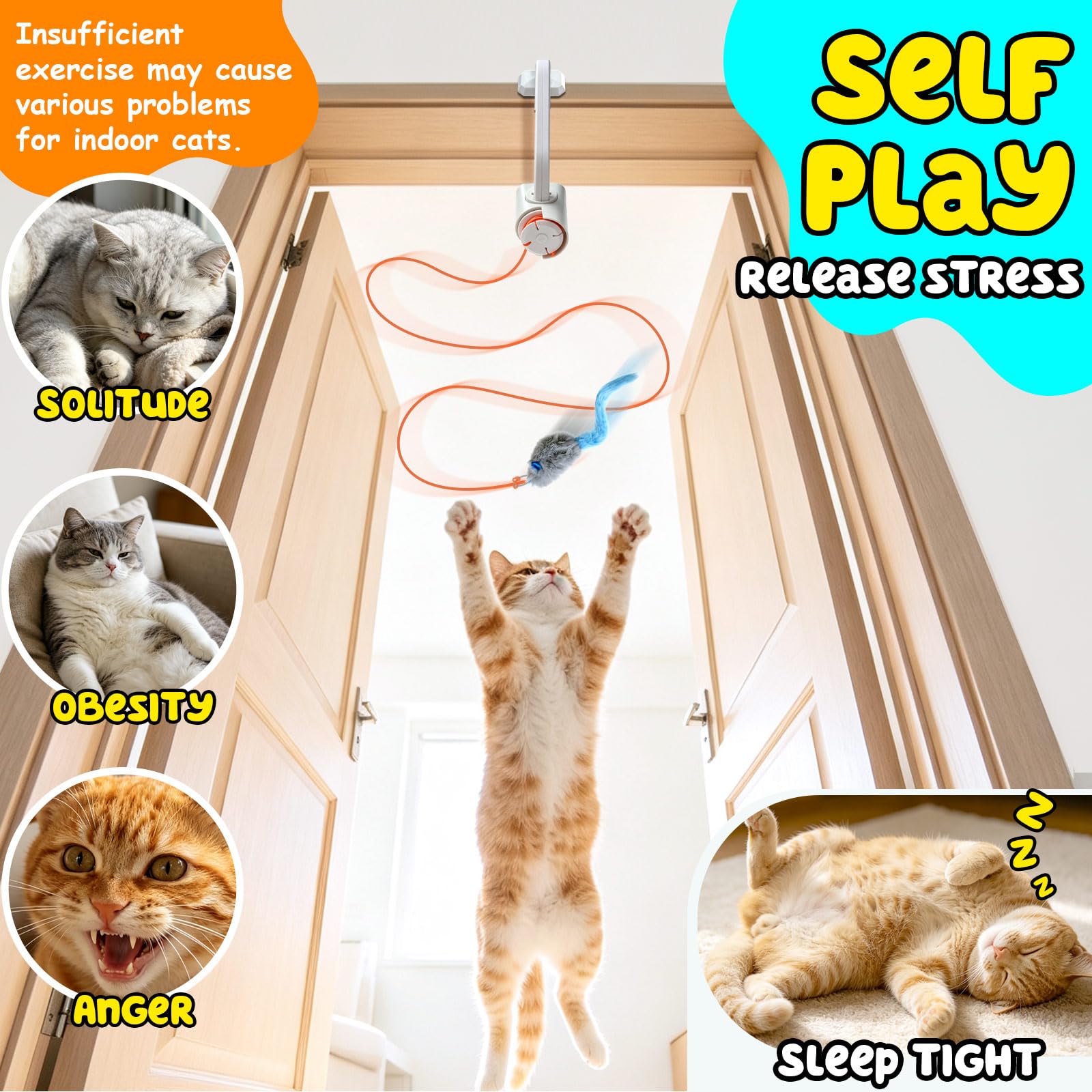 Interactive Cat Toy, Flapping Bird & Rotating Feather Teaser for Indoor Cats, Hanging Doorway Cat Toys with Fishing Pole for Exercise, Boredom Relief & Fun Games