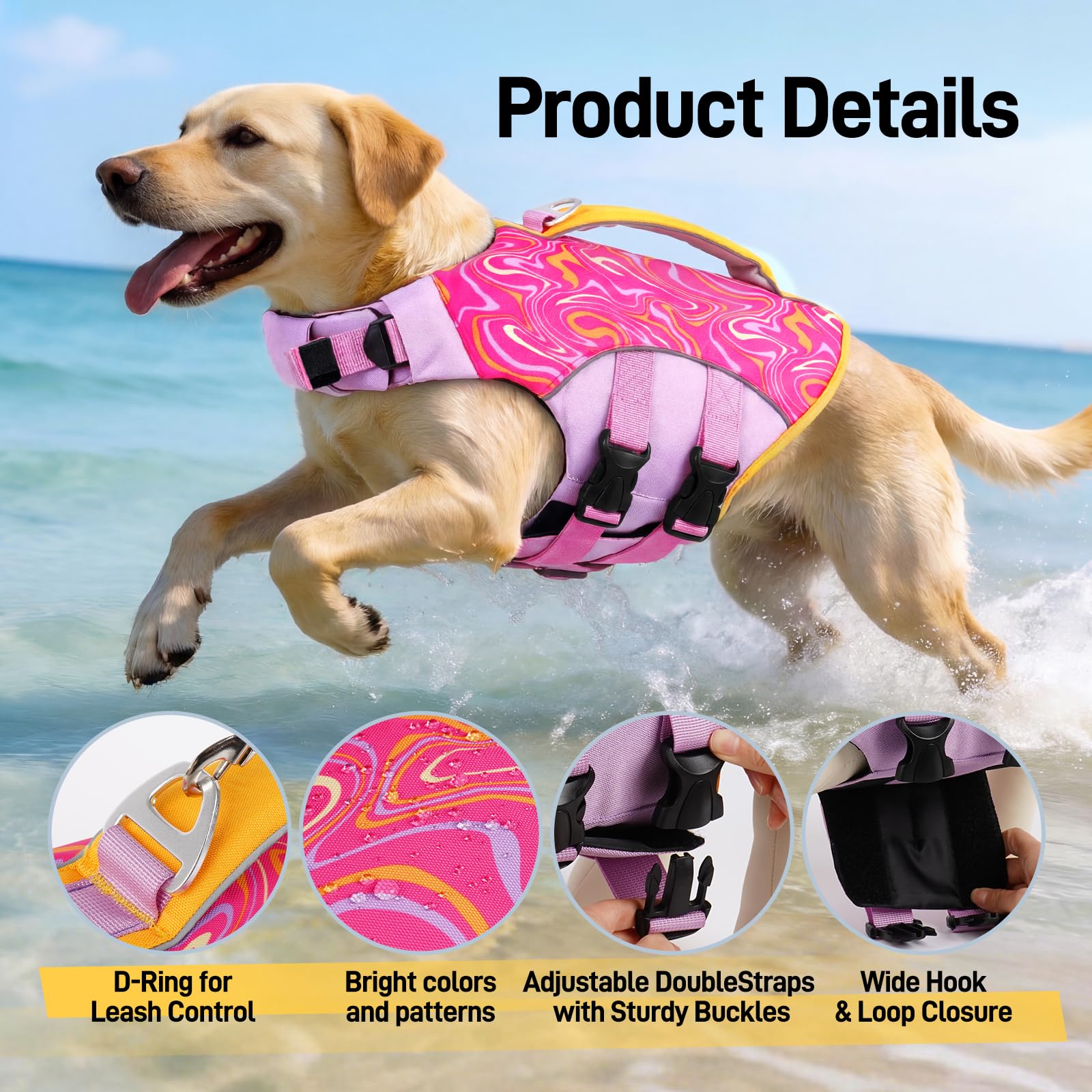BRKURLEG Dog Life Jacket, High Buoyancy Dog Life Vest for Swimming Boating, Adjustable Reflective Pet Flotation Vest with Rescue Handle, Small Medium Large Dogs Lifesaver for Pool Beach, Purple XS