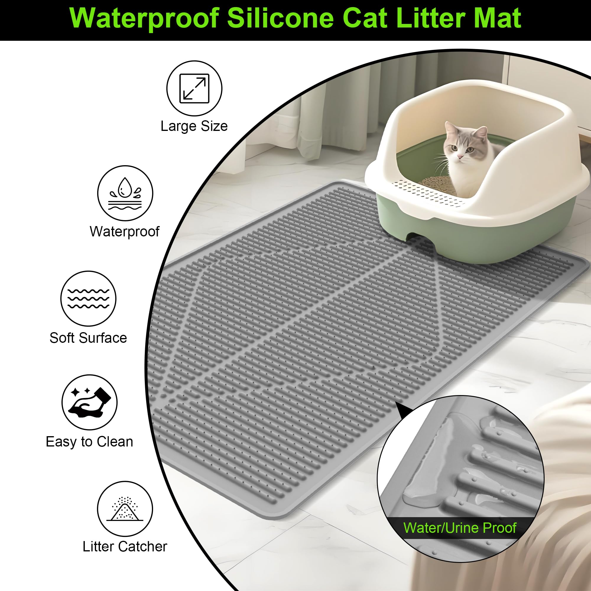 Mofason Rubber Large Cat Litter Mat, Grey Silicone Kitty Cat Litter Box Mat