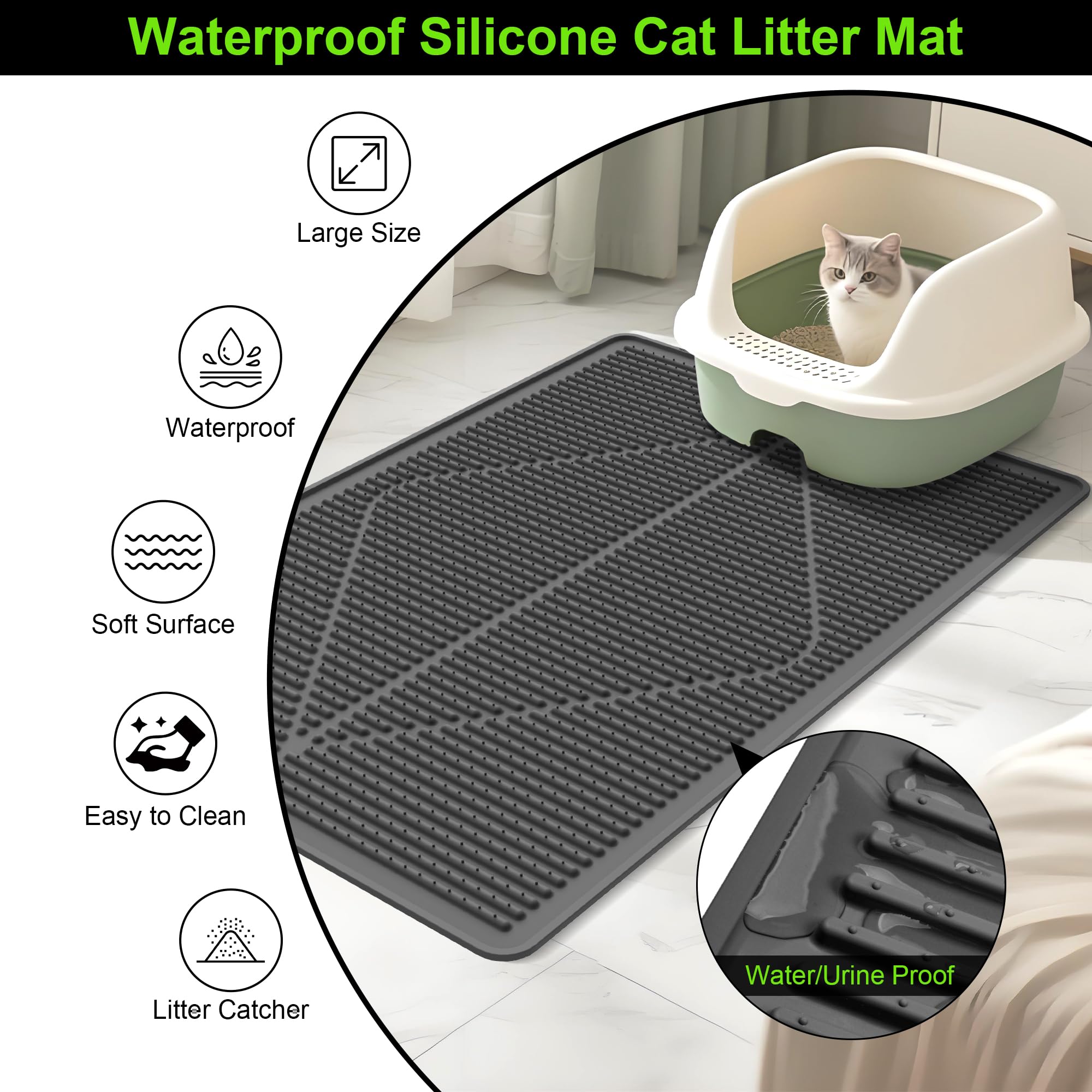 Mofason Silicone Cat Litter Mat XXL, Black Extra Large Litter Matt for Cat