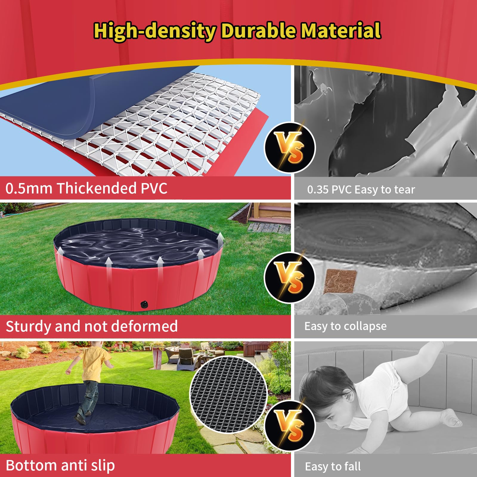 CACSPS Foldable Dog Pool, 47" x 12" Kiddie Pool with Hard Plastic, Non-Slip Dog Bath Tub for Outdoor Backyard, Collapsible Dog Swimming Pool for Kids Dogs Pets (Red)