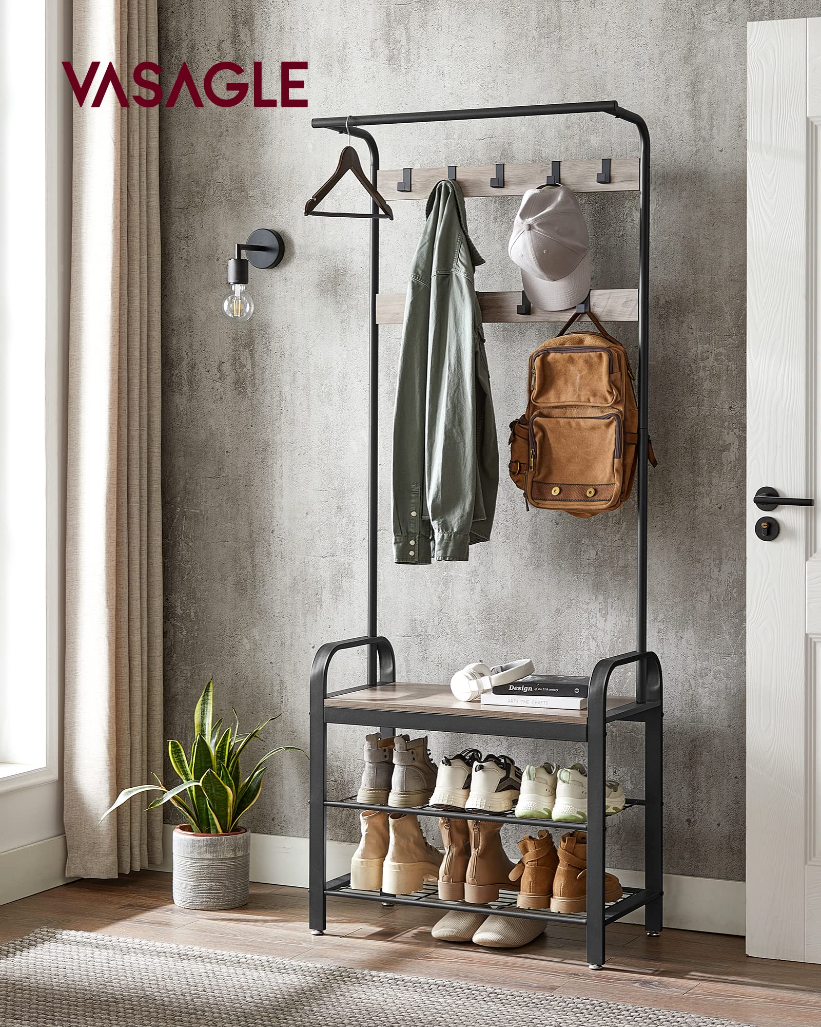 Coat Rack, Hall Tree with Shoe Bench