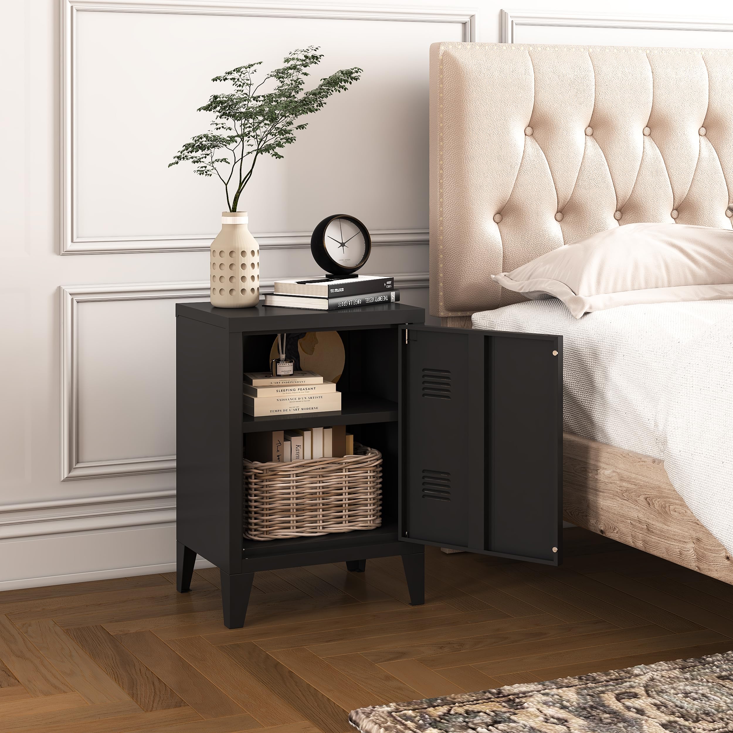 Metal Locker Nightstand with Doors and Shelves