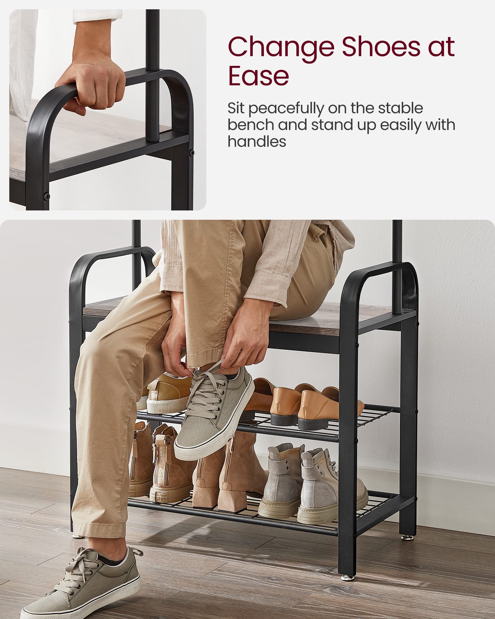 Coat Rack, Hall Tree with Shoe Bench