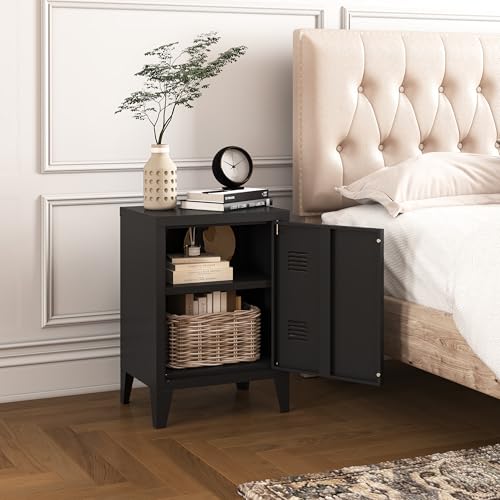 Metal Locker Nightstand with Doors and Shelves