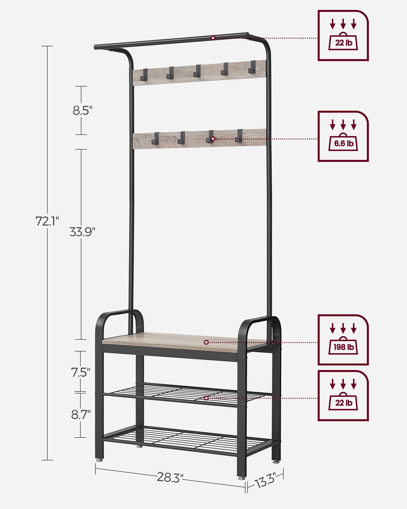 Coat Rack, Hall Tree with Shoe Bench