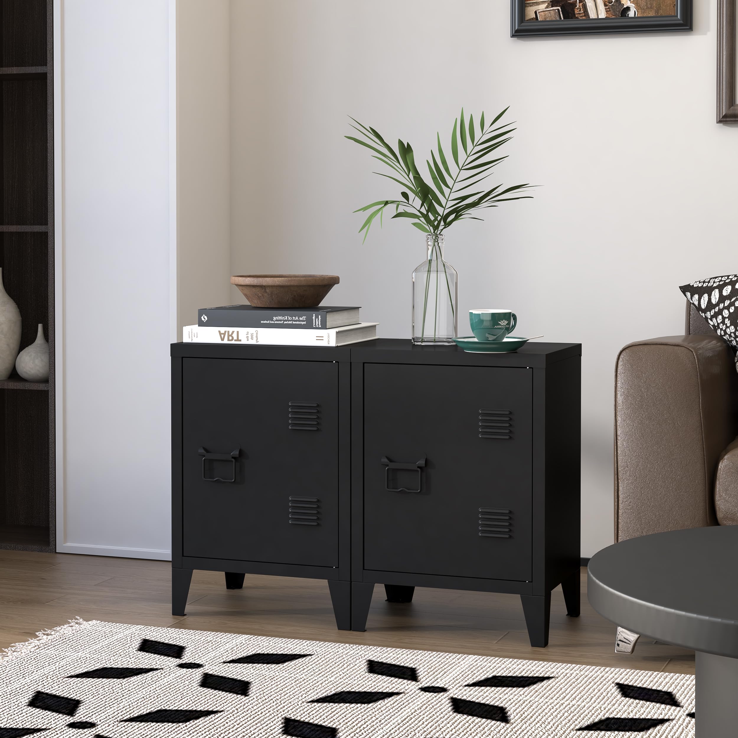 Metal Locker Nightstand with Doors and Shelves