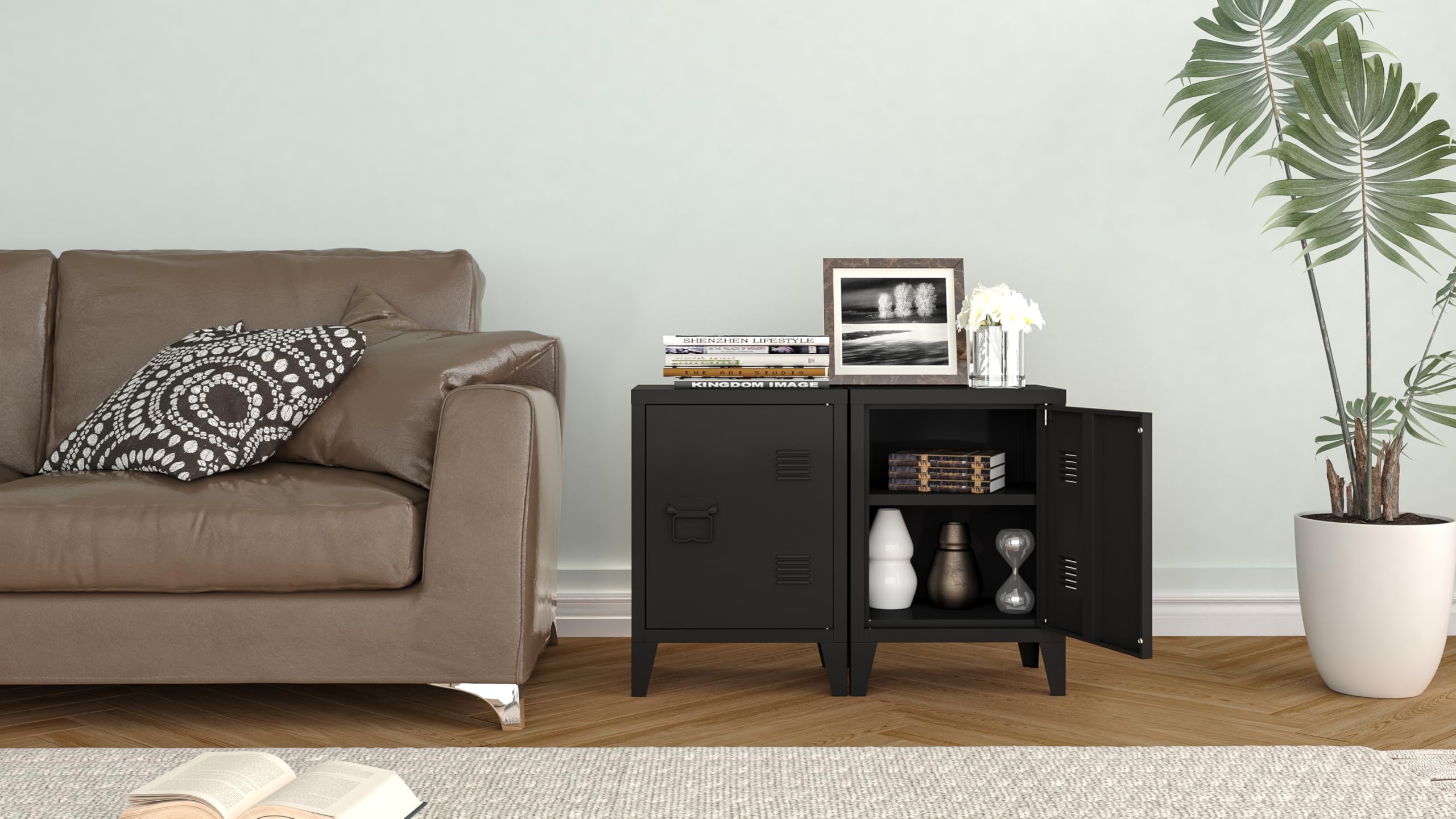 Metal Locker Nightstand with Doors and Shelves