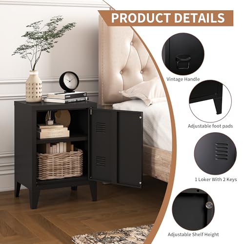 Metal Locker Nightstand with Doors and Shelves