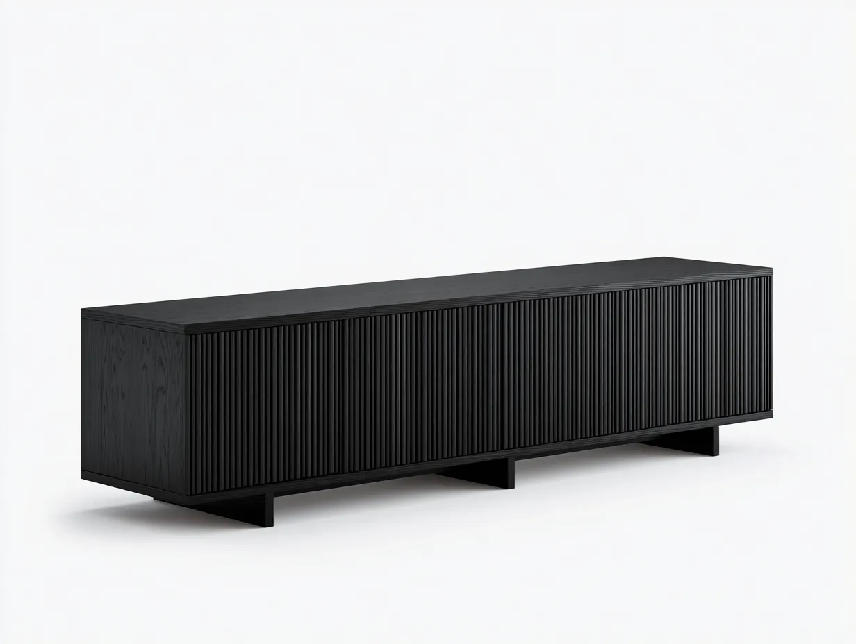 Meuble TV en bois 210×45×58 cm - noir - façade rainurée style contemporain-Cozenpanest