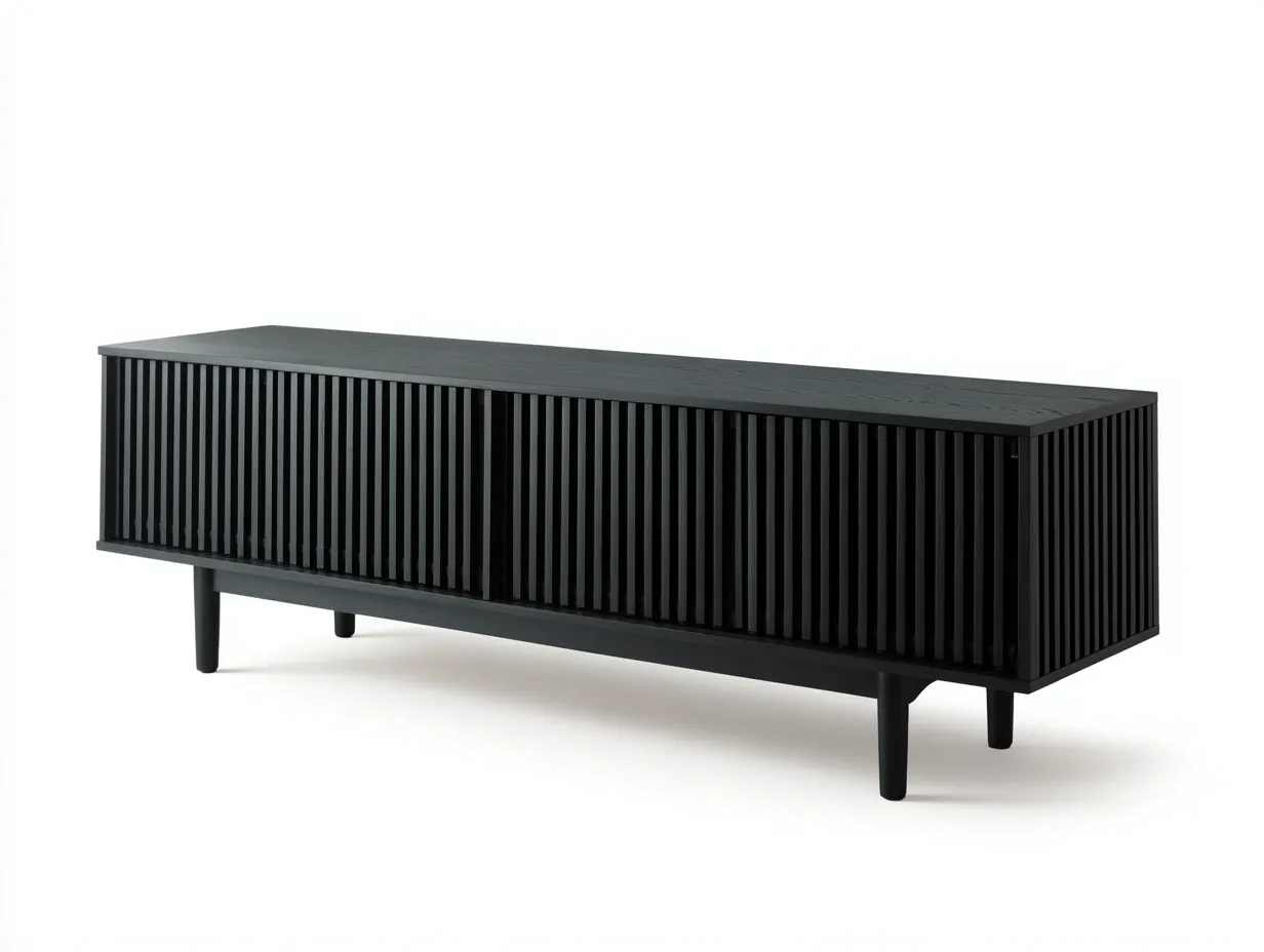 Meuble TV 180×40×60 cm - bois noir - pour salon - façade rainurée contemporaine-Cozenpanest
