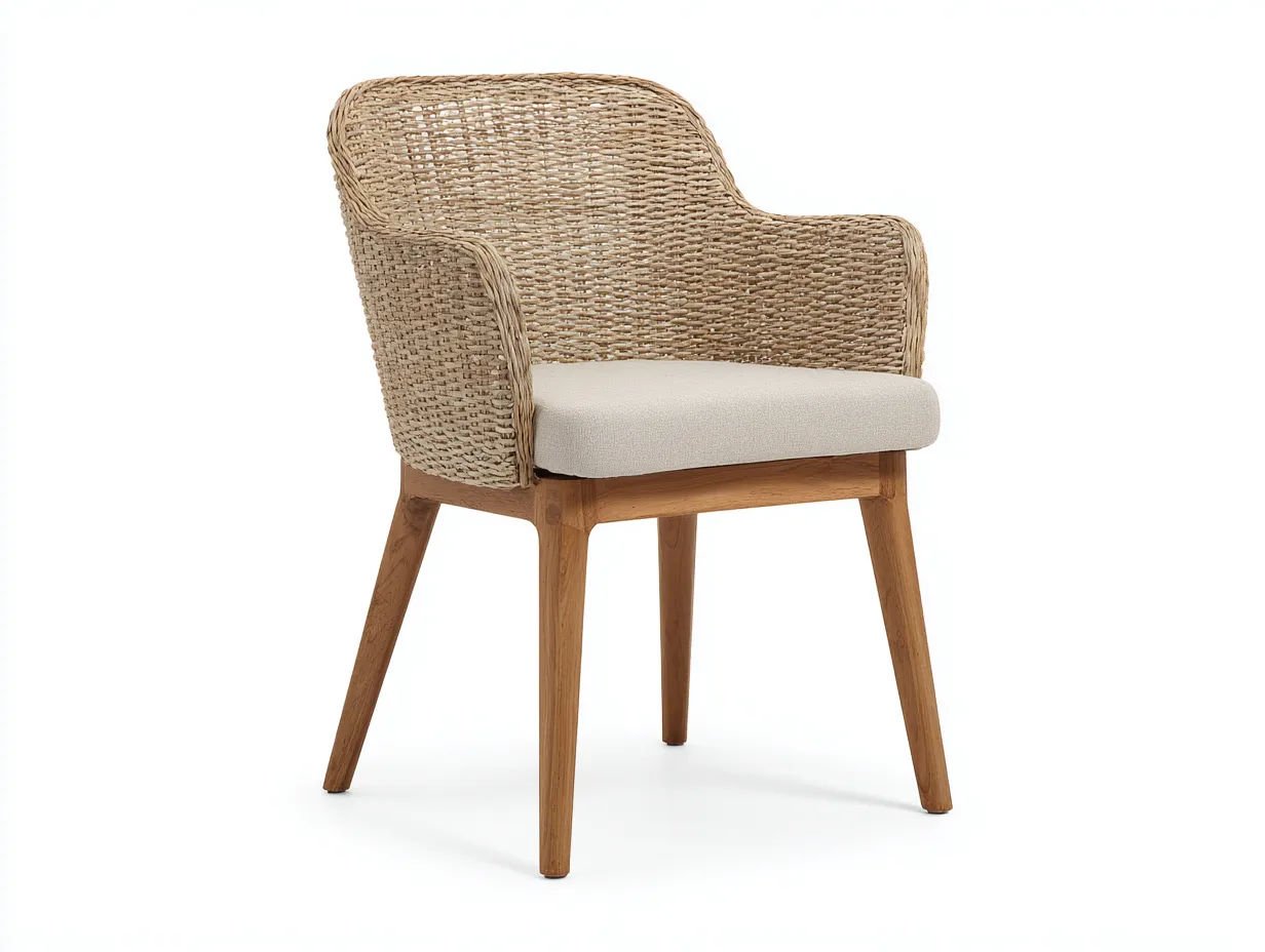 Chaise de jardin 58×60×82 cm – rotin beige bois naturel et tissu écru – style naturel-Cozenpanest