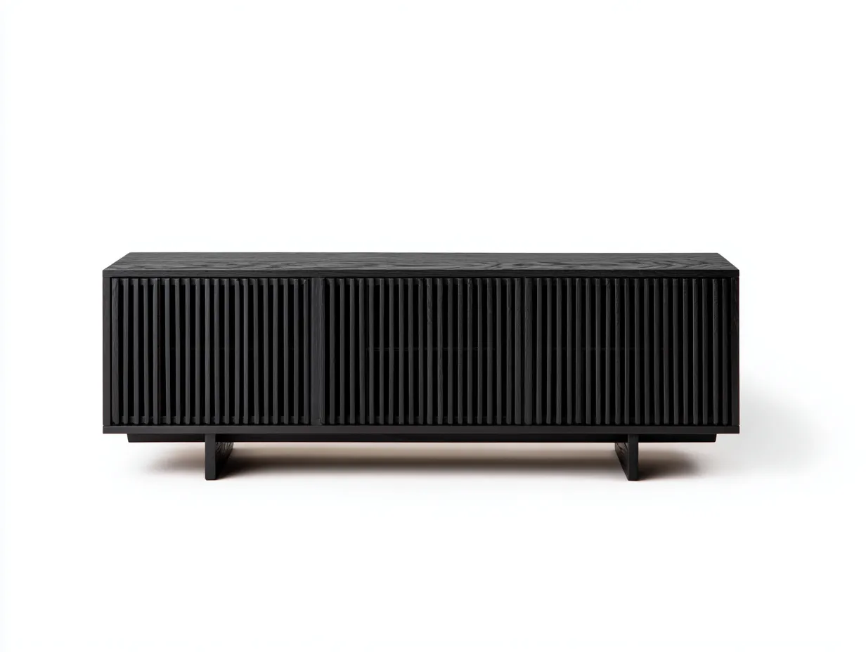 Meuble TV 200×46×62 cm – bois noir – façade à lames horizontales-Cozenpanest