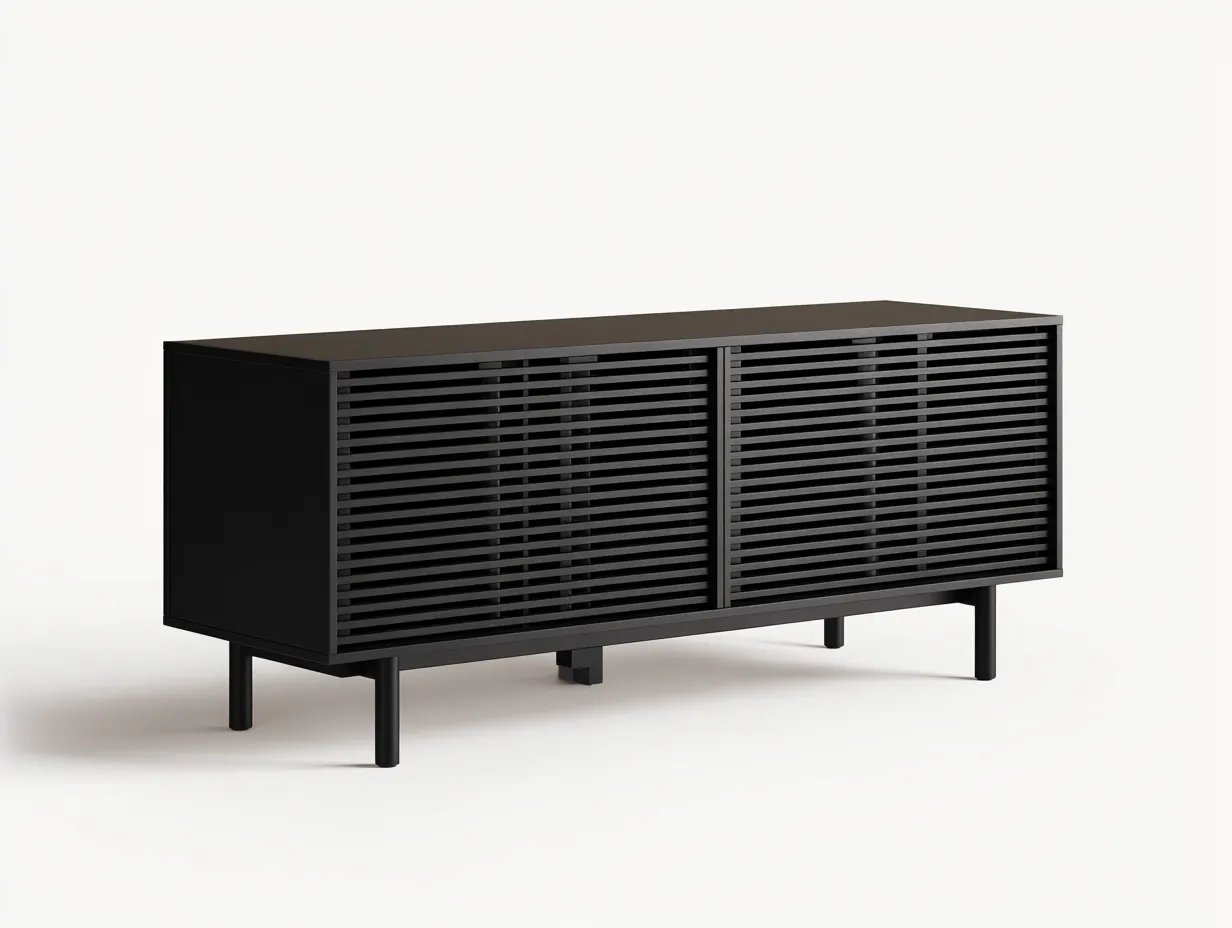 Meuble TV 190×45×60 cm – bois noir – façade ajourée style contemporain-Cozenpanest