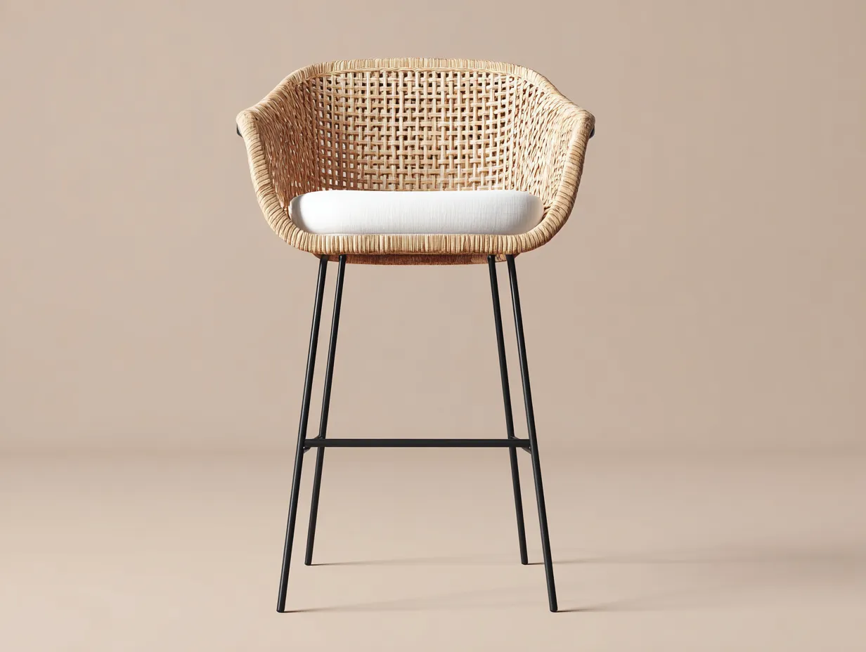 Tabouret de bar en rotin et métal 58×55×105 cm - naturel/noir/blanc - style terrasse enveloppant-Sovoiaroom