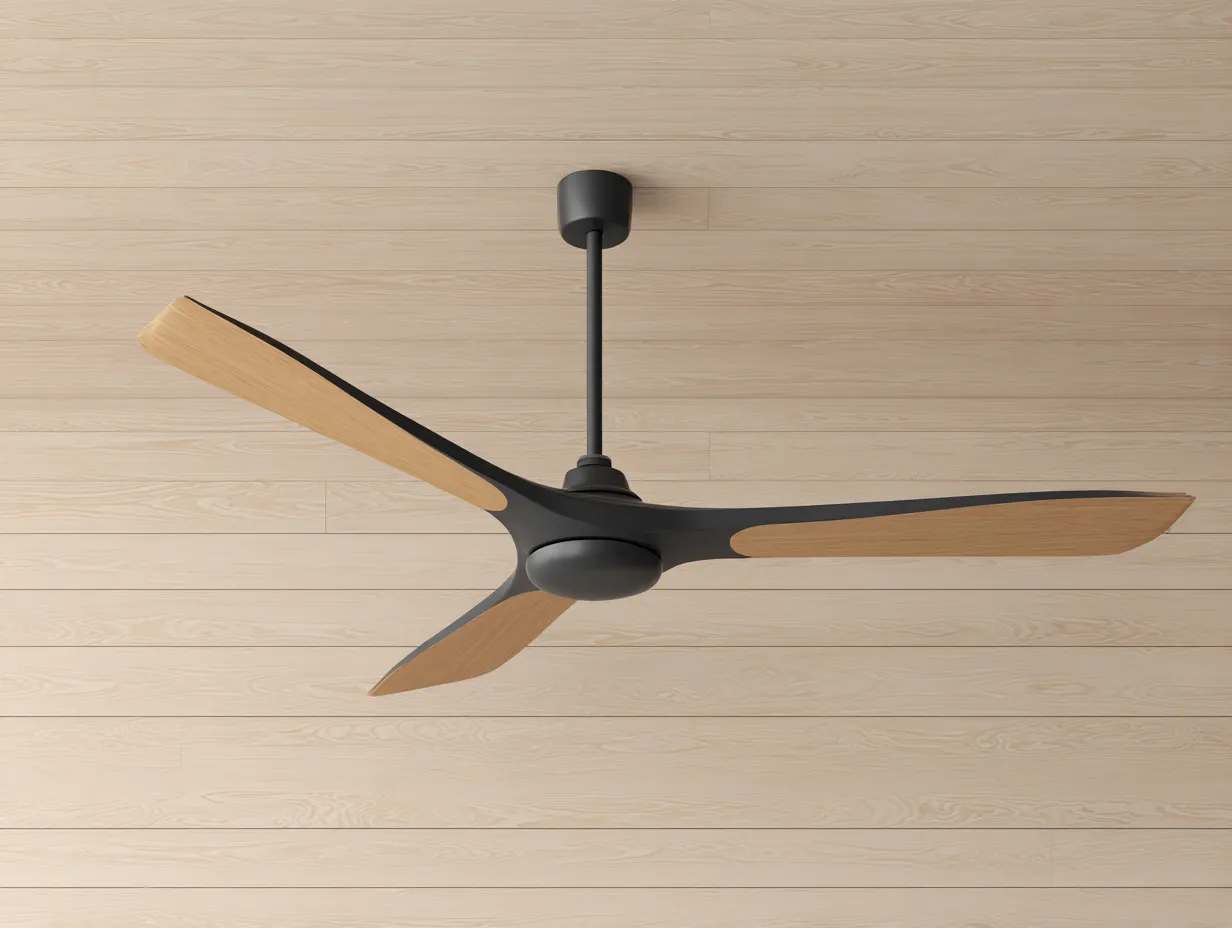 Ventilateur de plafond 132×132×42 cm - bois naturel et métal noir - design trois pales moderne pour salon-Sovoiaroom