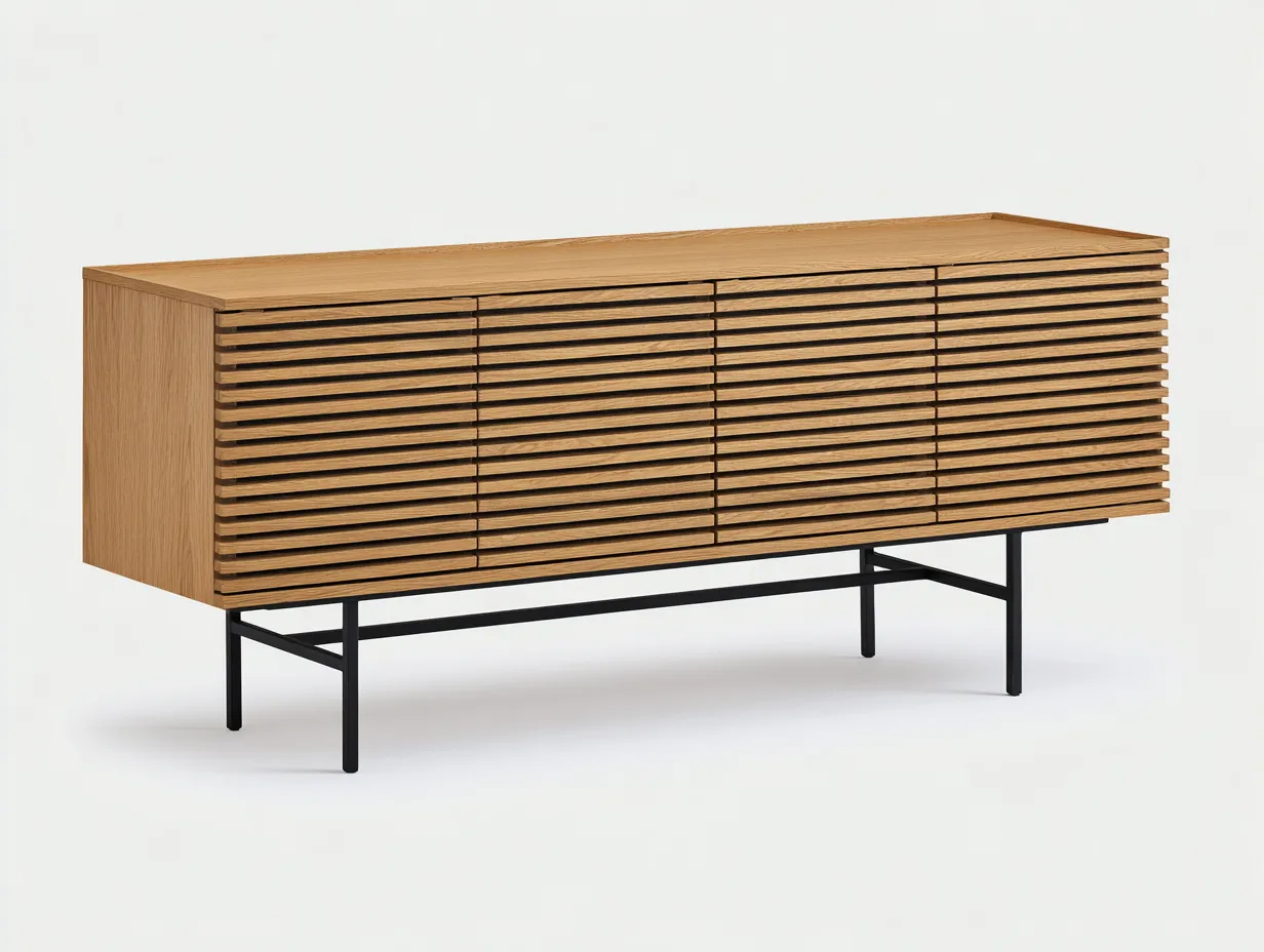 Meuble TV 180×45×80 cm - bois naturel et métal noir - façade à lattes moderne pour salon-Sovoiaroom