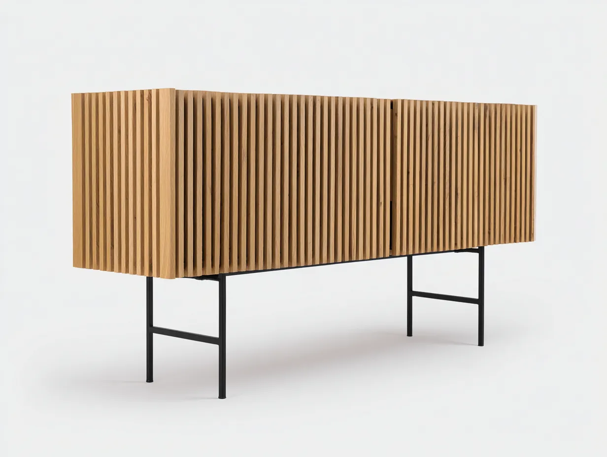 Meuble TV 180×45×75 cm – bois naturel et noir – façade rainurée pour salon-Sovoiaroom
