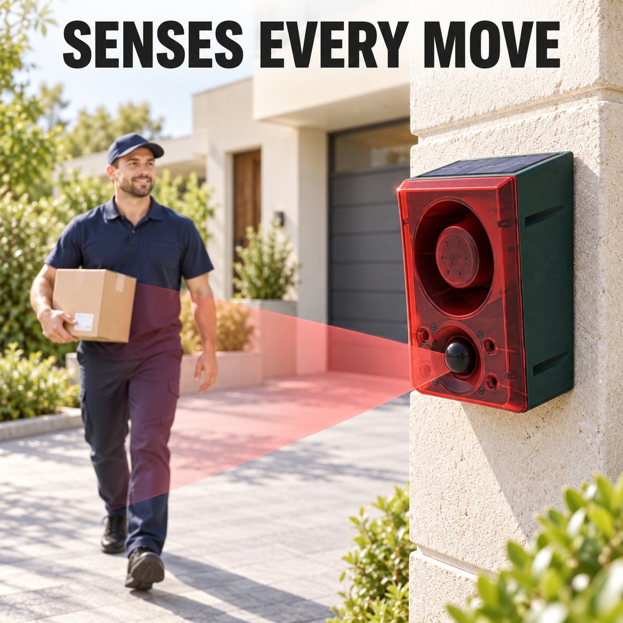 Solar Motion Sensor Alarm with Sound & Red Strobe