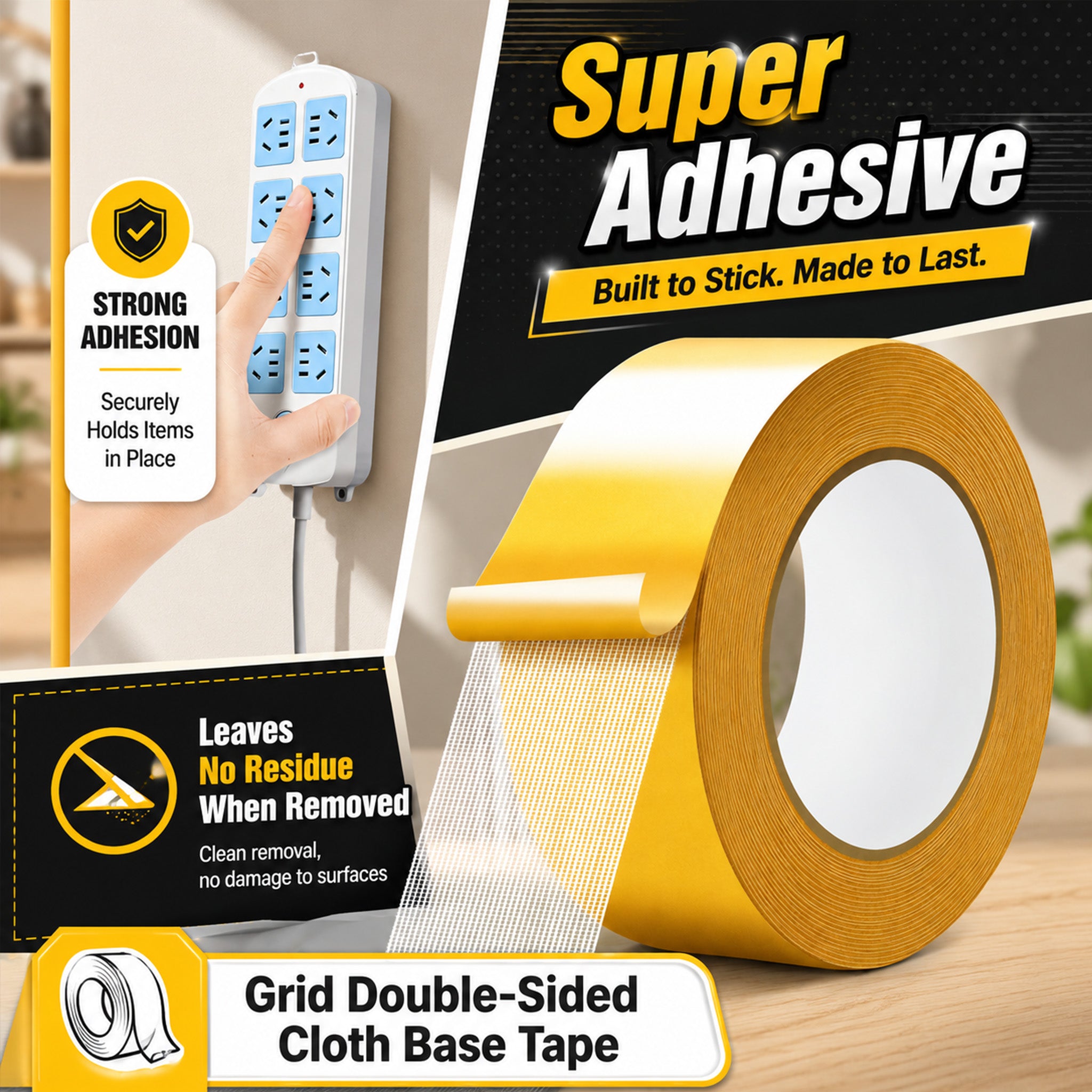 Heavy-duty yellow double-sided woven mesh tape roll – view 2