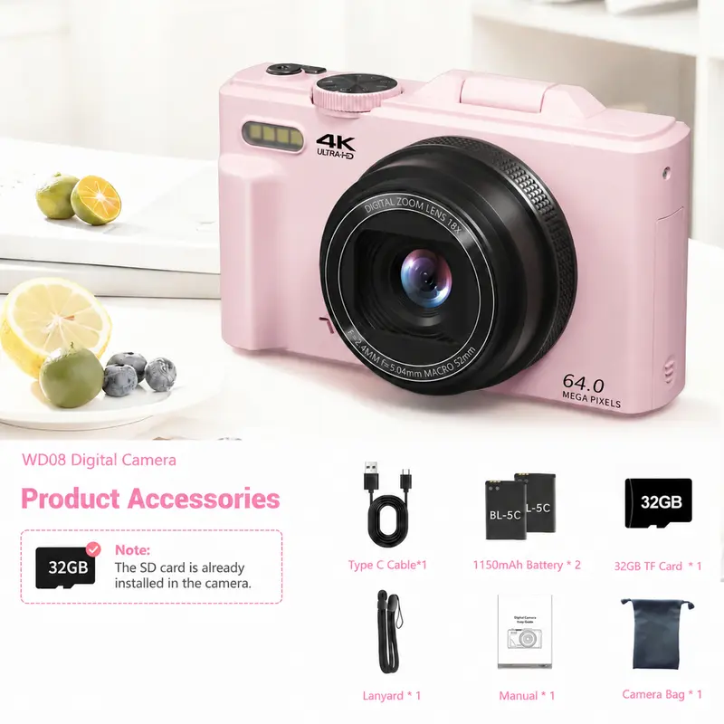 WIKICO 4K 64MP Digital Camera with 180° Flip Screen - Pink