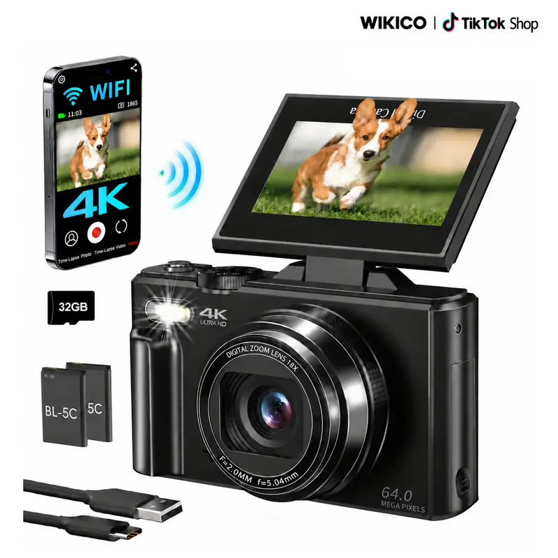 WIKICO 4K 64MP Digital Camera with 180° Flip Screen