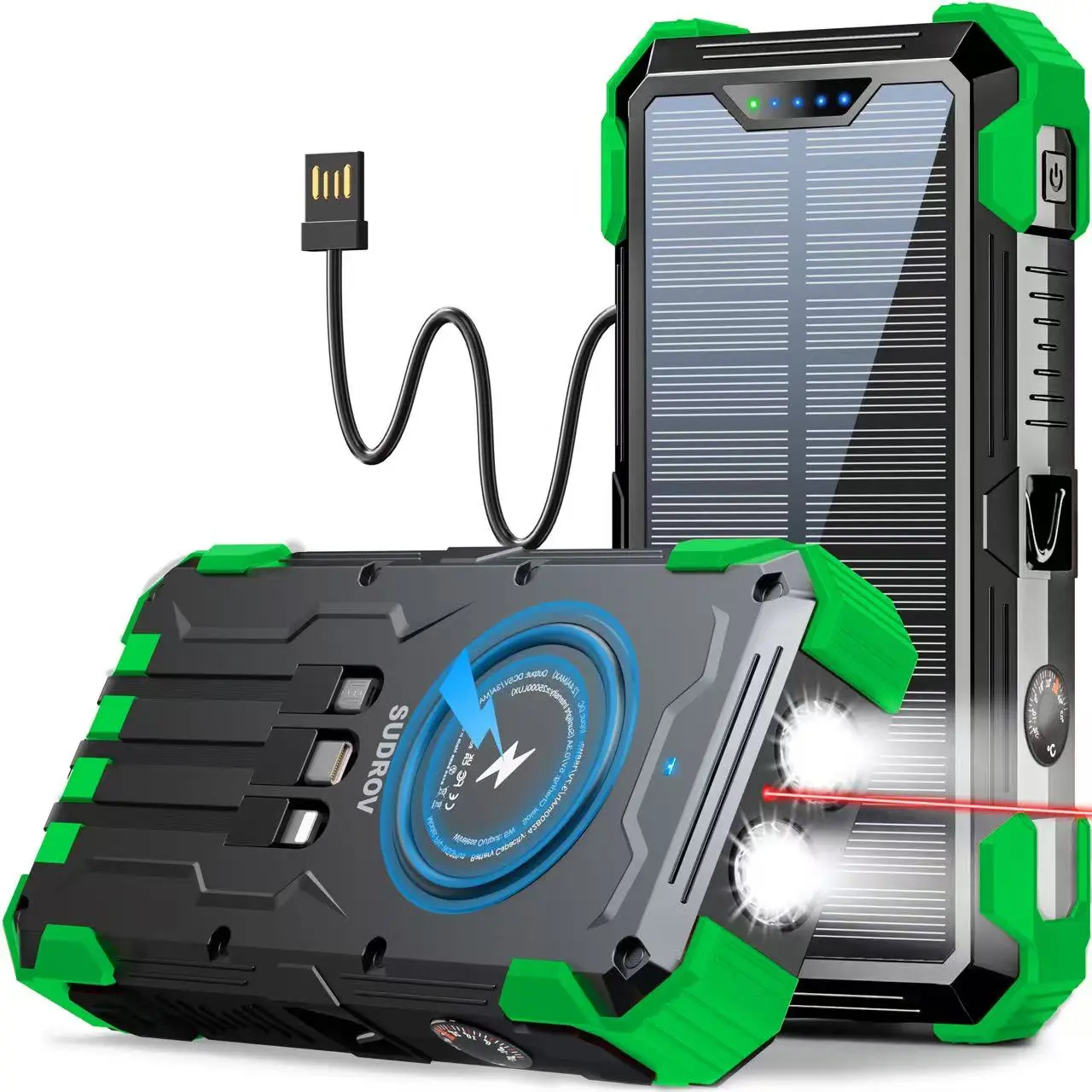 Sudrov 42800mAh Solar Power Bank with Wireless Charging - Green