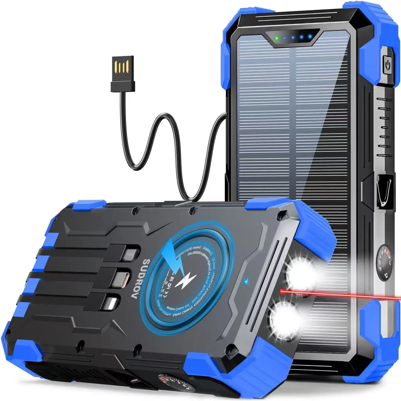 Sudrov 42800mAh Solar Power Bank with Wireless Charging - Blue