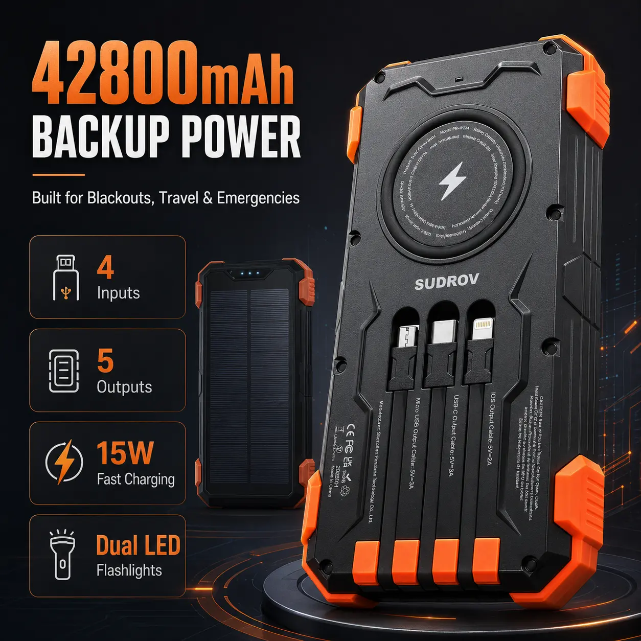 Sudrov 42800mAh Solar Power Bank with Wireless Charging - Orange