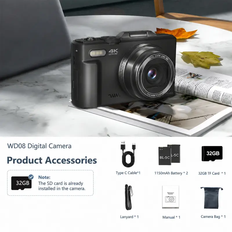 WIKICO 4K 64MP Digital Camera with 180° Flip Screen - Black