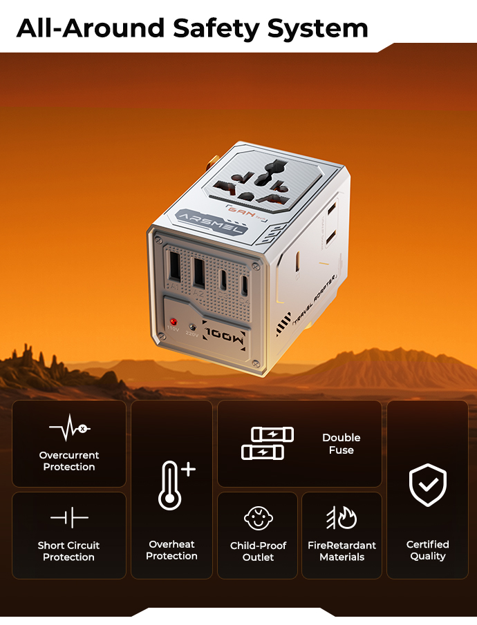 ARSENAL 100W GaN Global Travel Adapter – Universal Power Adapter with Multi-Port USB Charging