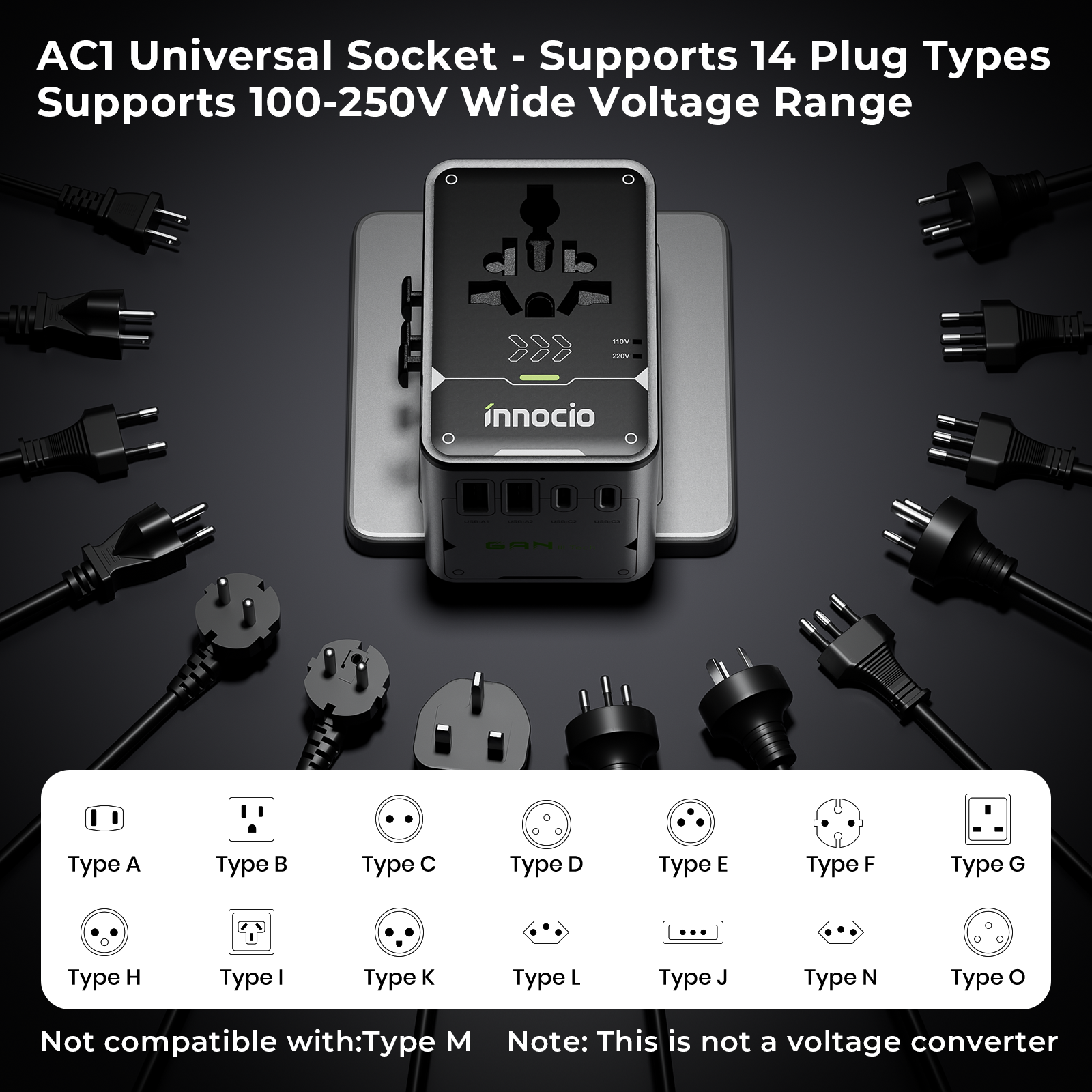 Innocio 70W Universal Travel Adapter 8-in-1 GaN Black Silver