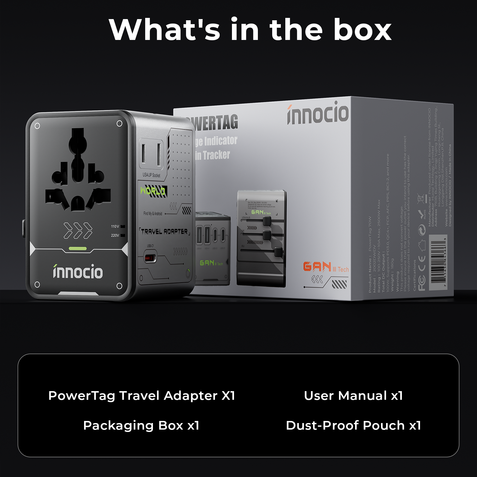 Innocio 70W Universal Travel Adapter 8-in-1 GaN Black Silver