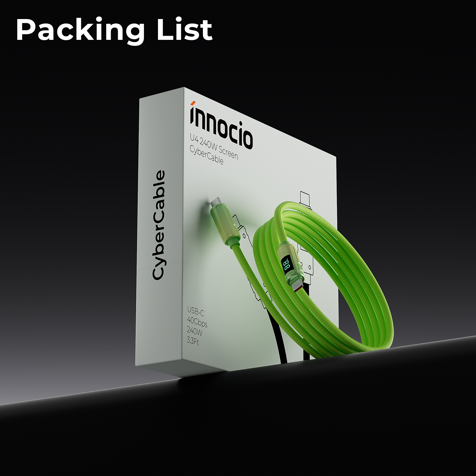 Innocio USB4 USB C Cable with LED Display, 240W Charging, 3.3FT