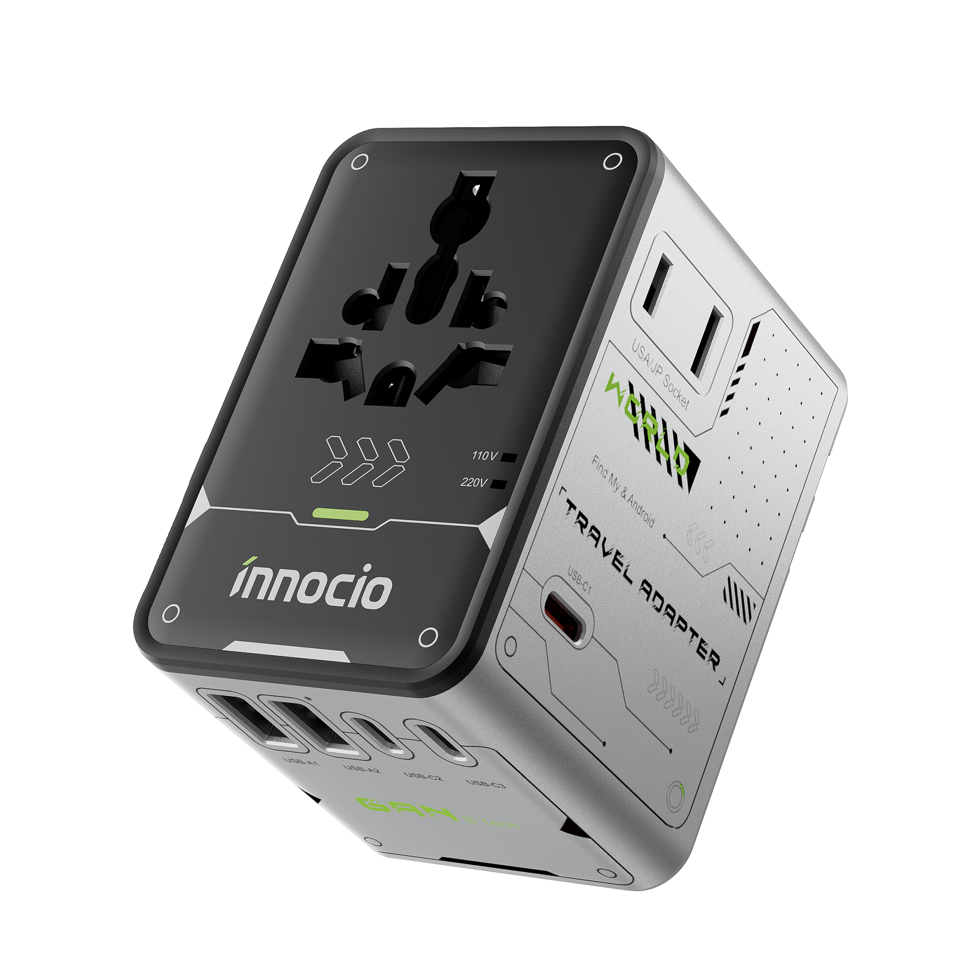 Innocio 70W Universal Travel Adapter 8-in-1 GaN Black Silver