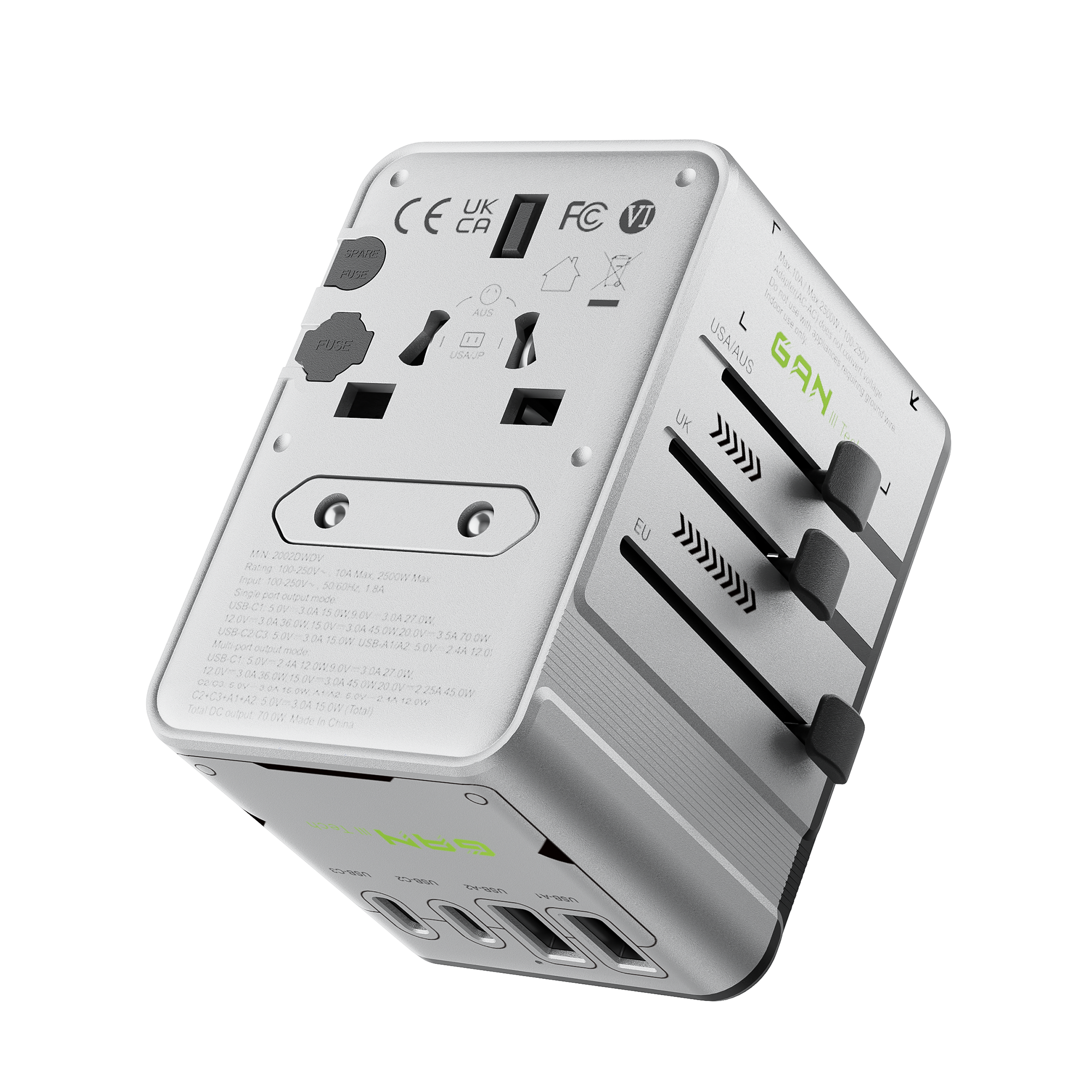 Innocio 70W Universal Travel Adapter 8-in-1 GaN Black Silver