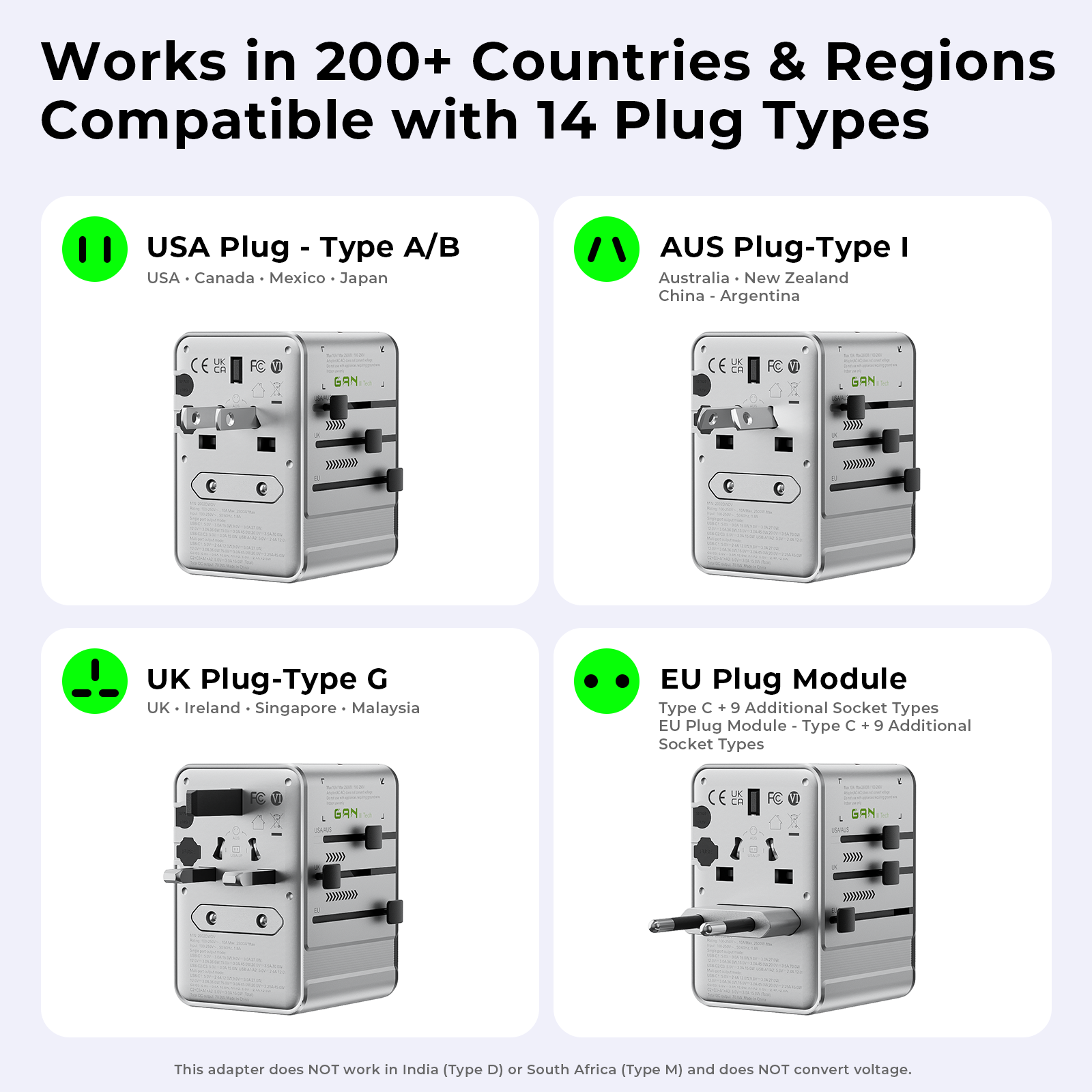 Innocio 70W Universal Travel Adapter 8-in-1 GaN Black Silver