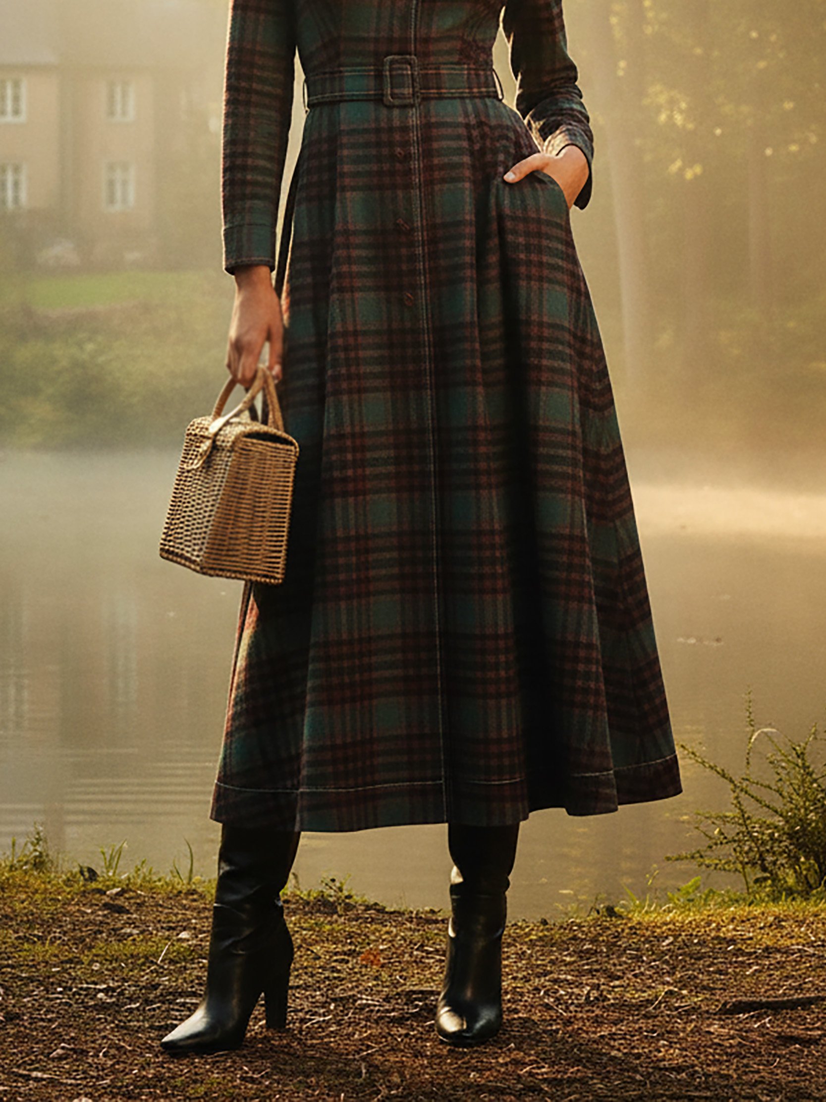 Wool Coat, Long Sleeves, Lapel Collar, Plaid, Belt Design, Vintage, Crimson - Crimson