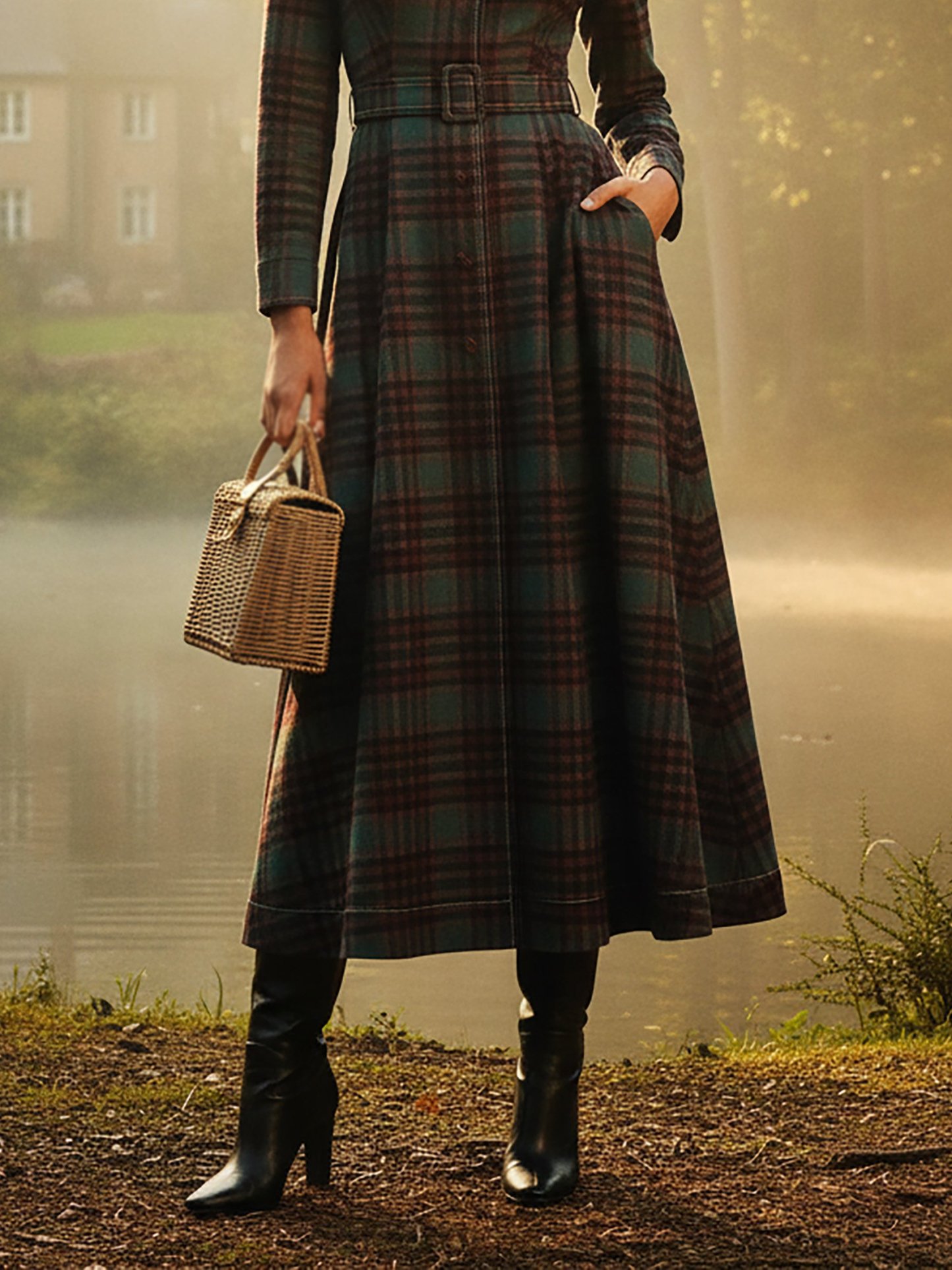 Wool Coat, Long Sleeves, Lapel Collar, Plaid, Belt Design, Vintage, Crimson - Crimson