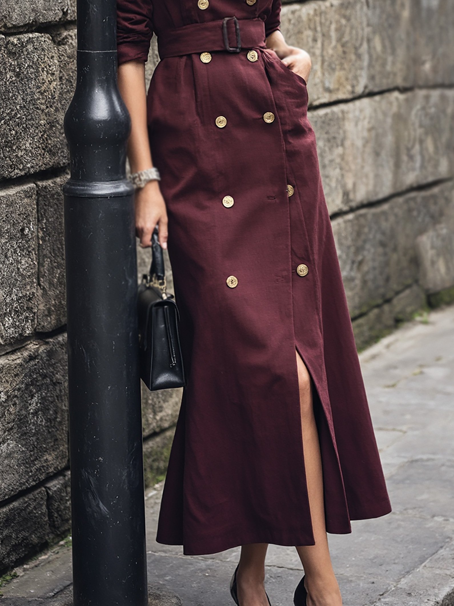 Maxi Cotton Trench Coat, Long Sleeves, Lapel Collar, Plain, Button Design, Vintage, Wine Red - Wine Red