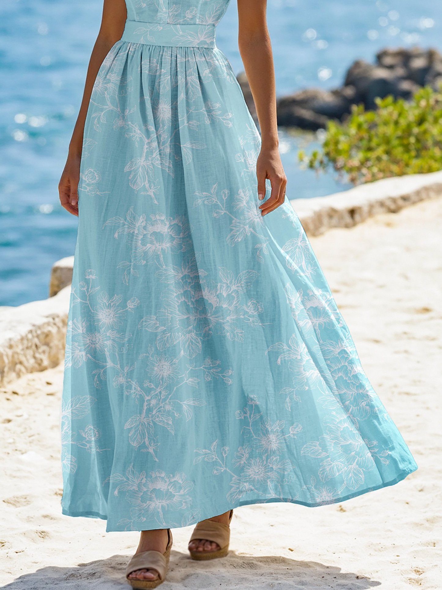(SIZE:XS-XXL) Maxi Linen Dress , Cap Sleeves, Stand Collar, Floral, Lace, Vintage, Blue - Blue