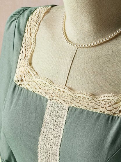 Maxi Linen Dress, 3/4 Sleeves, Square Neck, Lace Up, Linen Blend, Green - Green