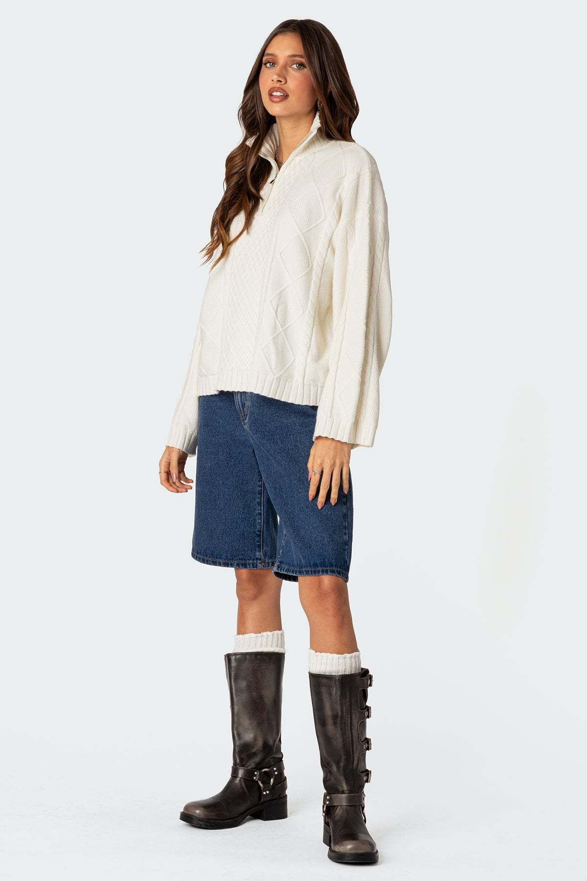 Oversized Quarter Zip Cable Knit Sweater - CREAM