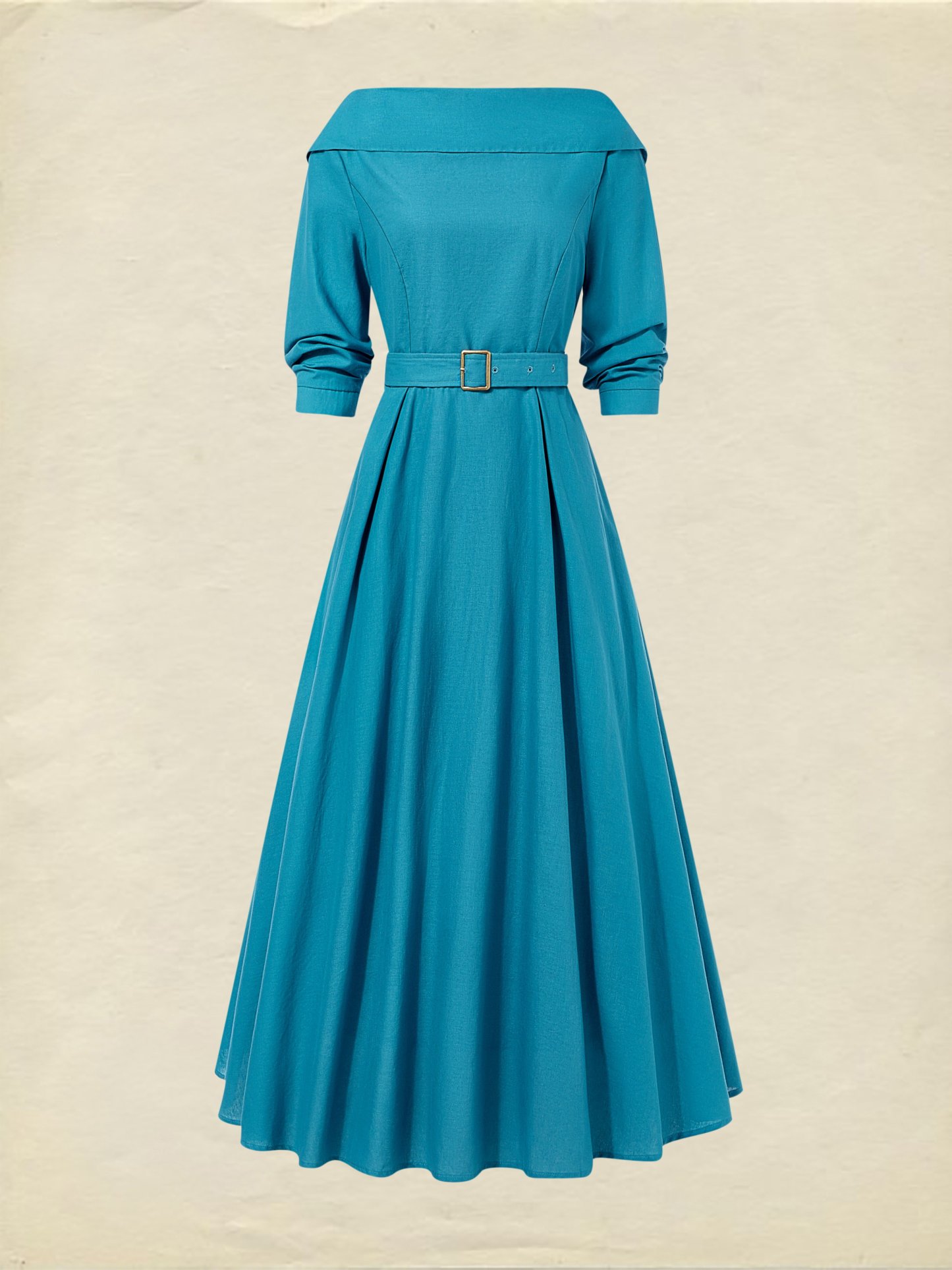 Midi Linen Dress , Half Sleeve, Shawl Collar, Plain, Belt Design, Vintage, Cyan - Cyan