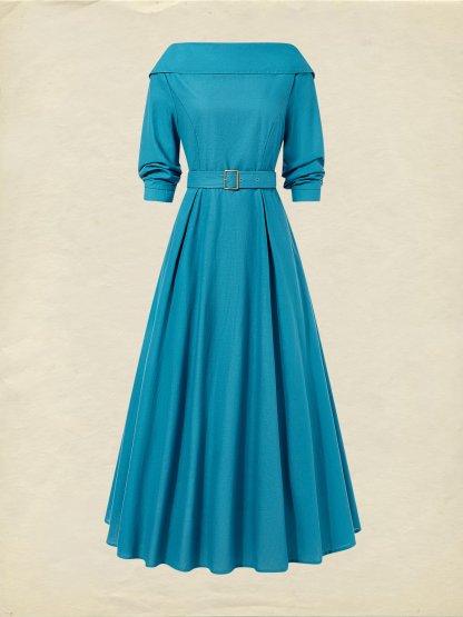 Midi Linen Dress , Half Sleeve, Shawl Collar, Plain, Belt Design, Vintage, Cyan - Cyan