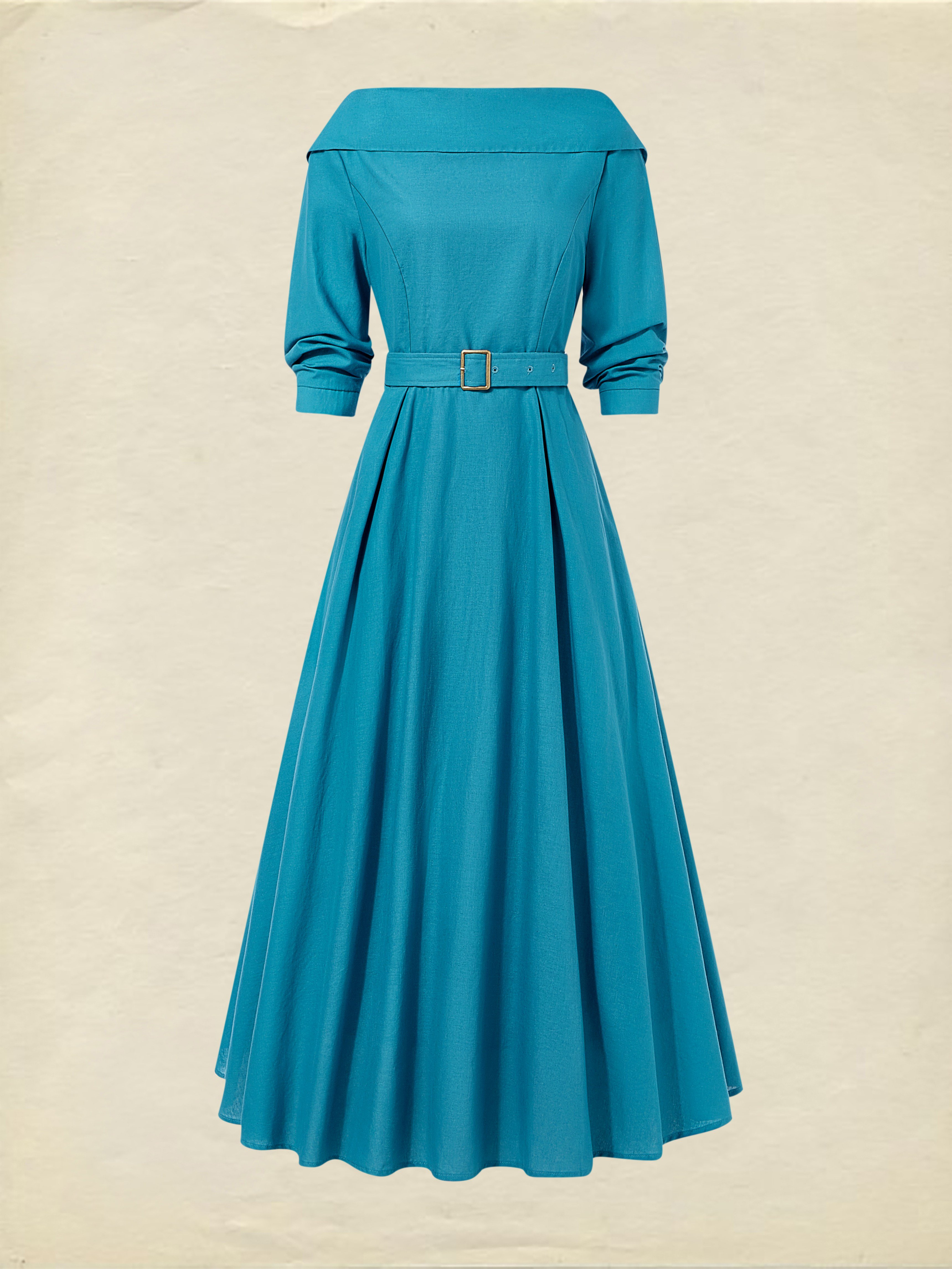 Midi Linen Dress , Half Sleeve, Shawl Collar, Plain, Belt Design, Vintage, Cyan - Cyan