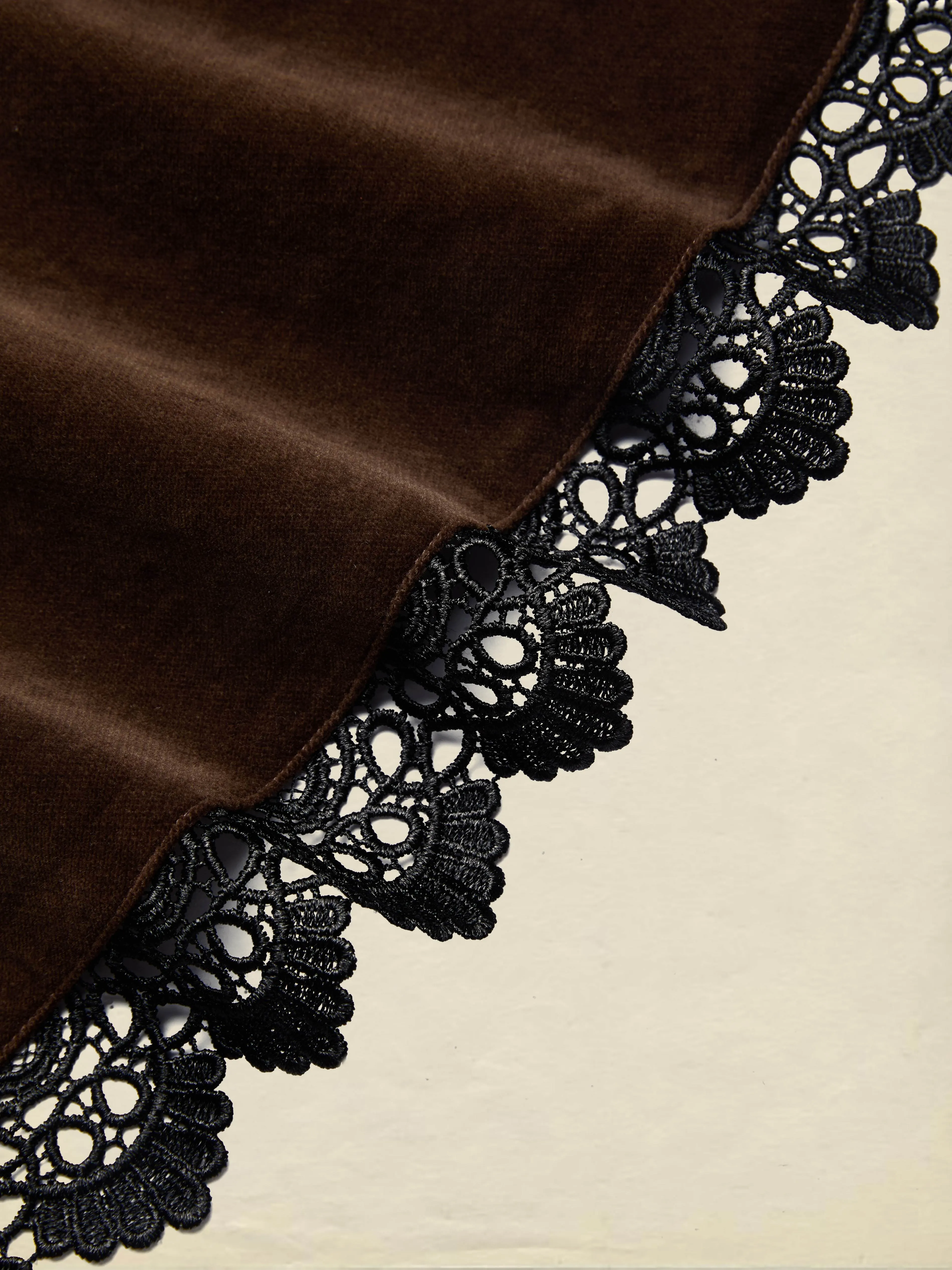 Midi Cotton Dress, Half Sleeve, Lapel Collar, Plain, Lace, Vintage, Coffee - Coffee