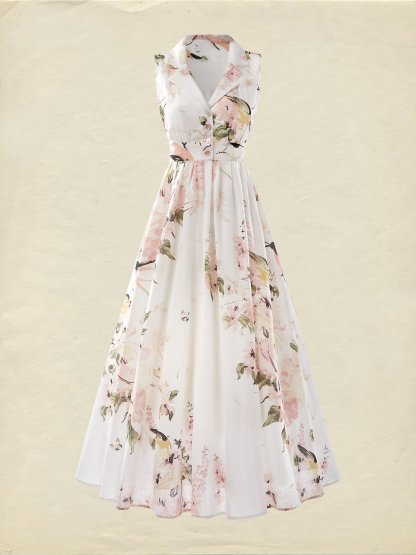 Maxi Linen Dress, Shawl Collar, Button Down, Cottagecore, Sleeveless, Linen Blend, White, plant print - White