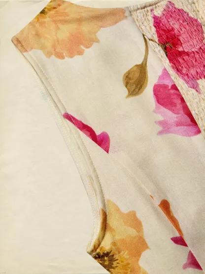 Maxi Cotton Dress, Sleeveless, V Neck, Floral, Belt Design, Vacation, Vintage, Apricot - Apricot