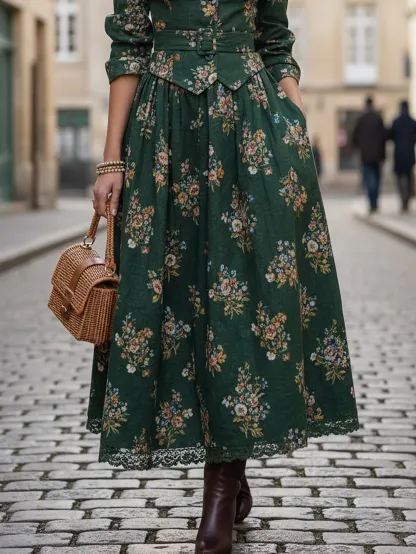 Linen Shirt, Long Sleeves, Shawl Collar, Floral, Button Design, Vintage, Green - Green